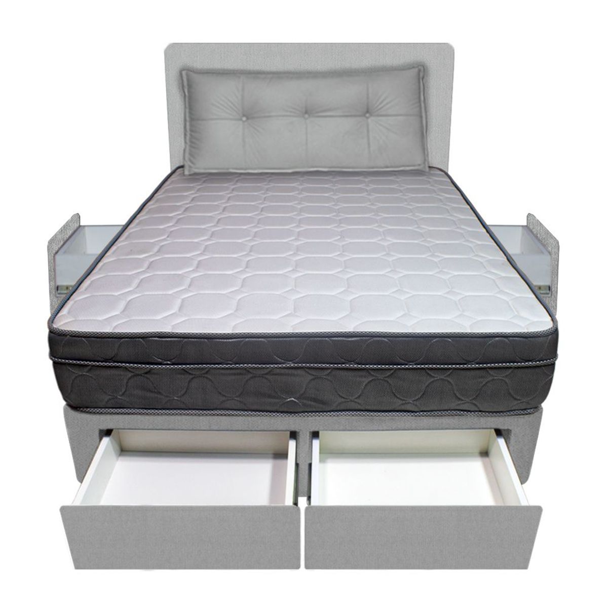 BARAKA HOME - Dormitorio Turin + 4 Cajones Queen + Cabecera + Cojin - Gris Claro