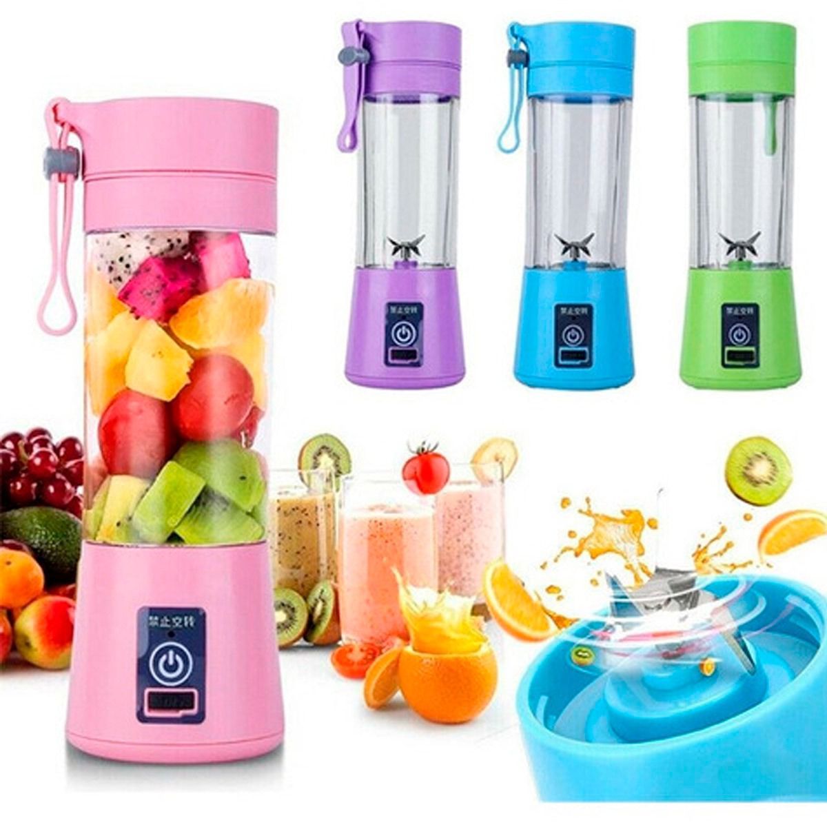 GENERICO - Mini Licuadora de 4 cuchillas Portátil Rosado Recargable con USB.