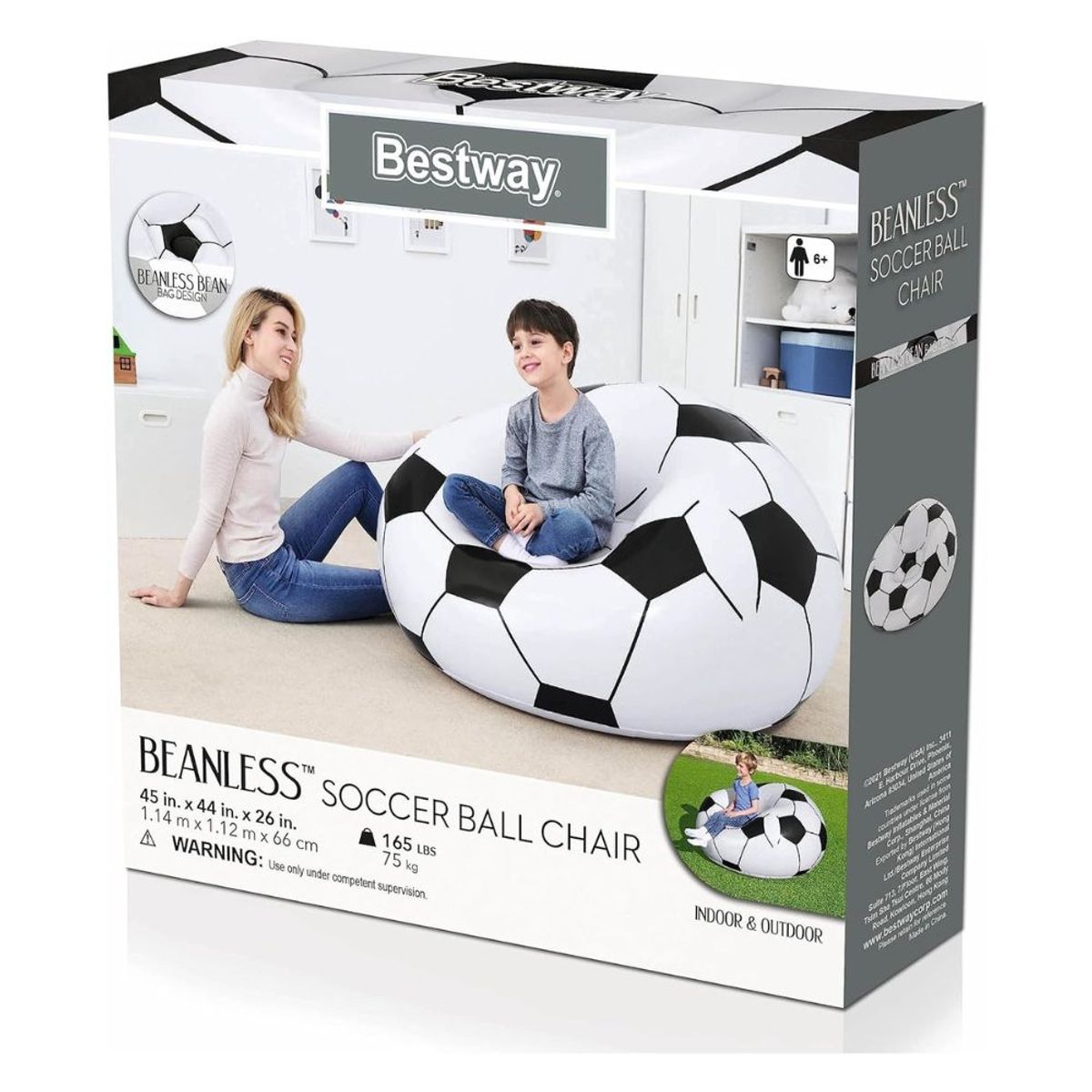 BESTWAY - Sillón Inflable Pelota Balón De Futbol Puff NEGRO con BLANCO