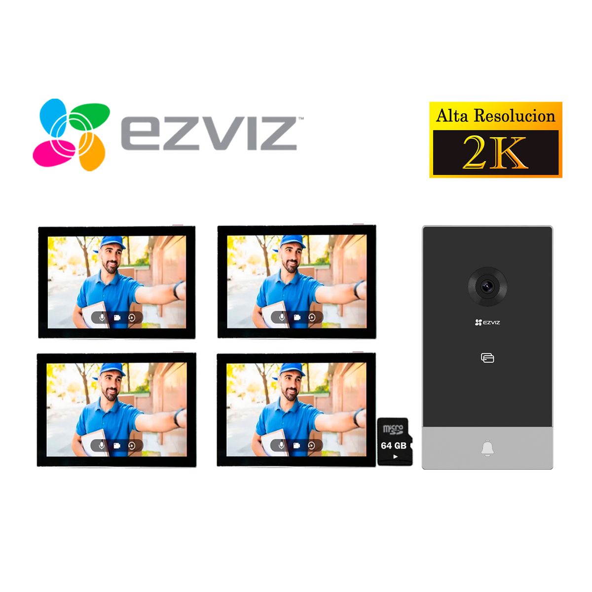 EZVIZ - Kit Videoportero Inteligente Ezviz HP7 2K 3MP Exterior Eviz - 3 MONITORES SD 64GB
