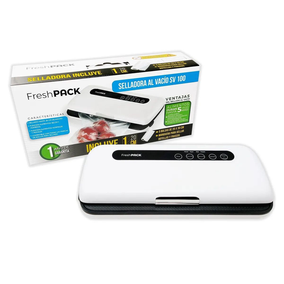 FRESHPACK - Selladora Al Vacío SV100 + Rollo y 5 Bolsas Gofradas
