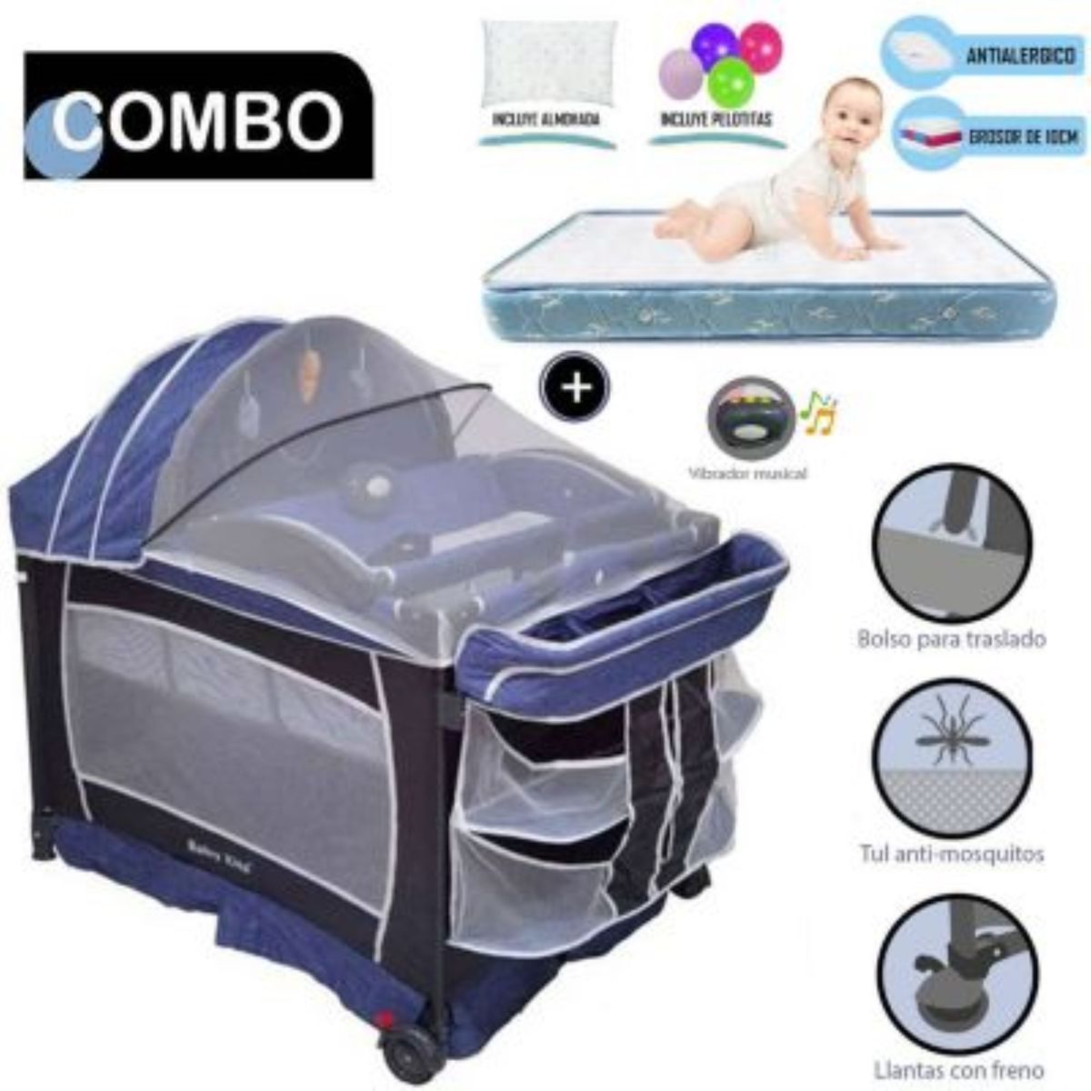 BABY KITS - Cuna Corral Baby Kits Verona Azul +Colchón 4 "