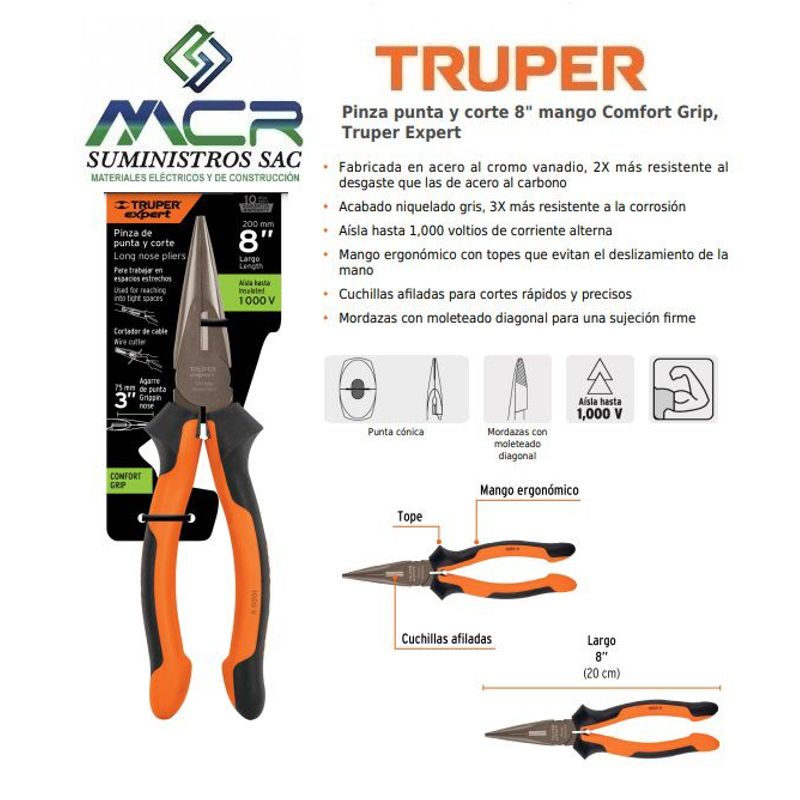 TRUPER - Alicate de punta y corte 8 pulgadas Comfort Grip truper