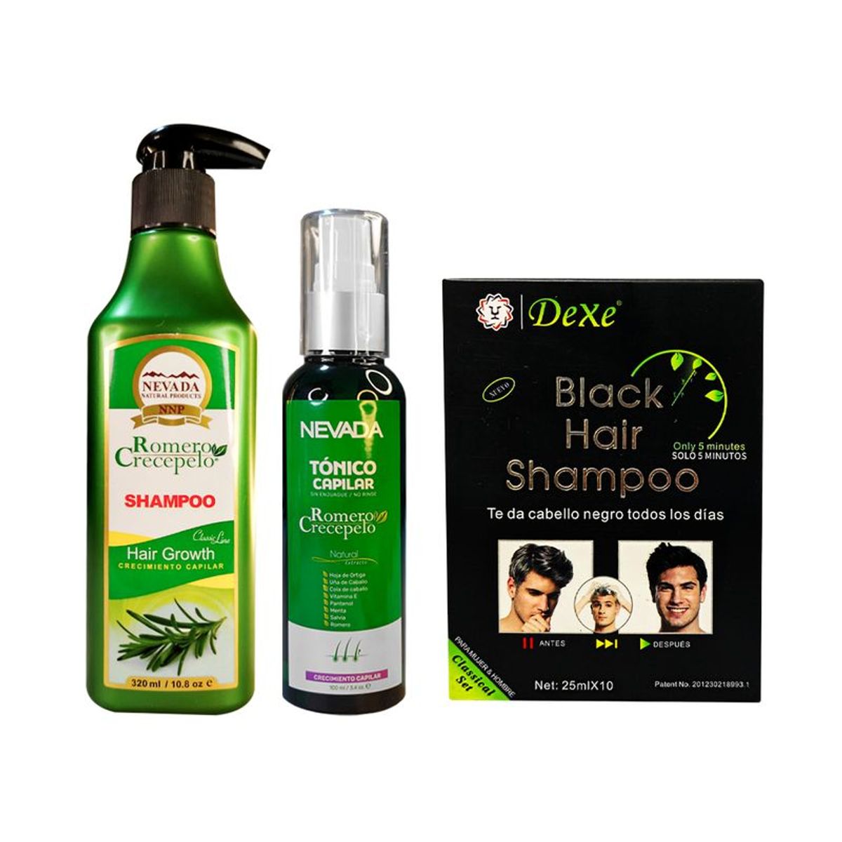 NEVADA NATURAL PRODUCTS - Shampoo Romero 320ml + Tonico capilar + Shampoo Dexe Negro