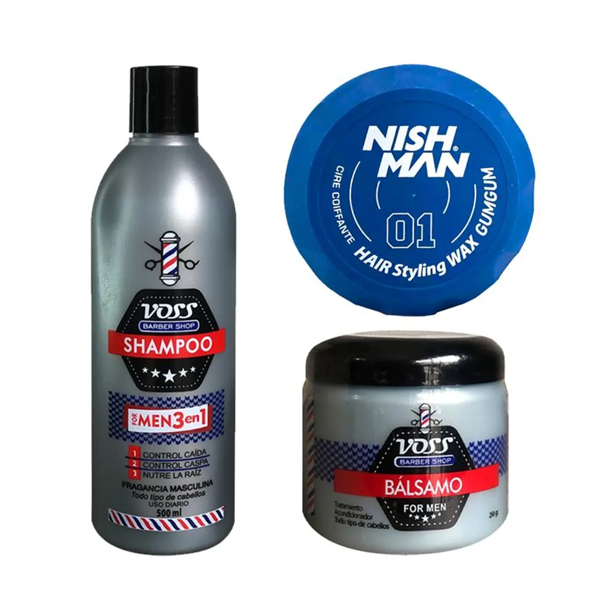 VOSS - Shampoo Voss + Acondicionador bálsamo Voss + Cera Nishman 01