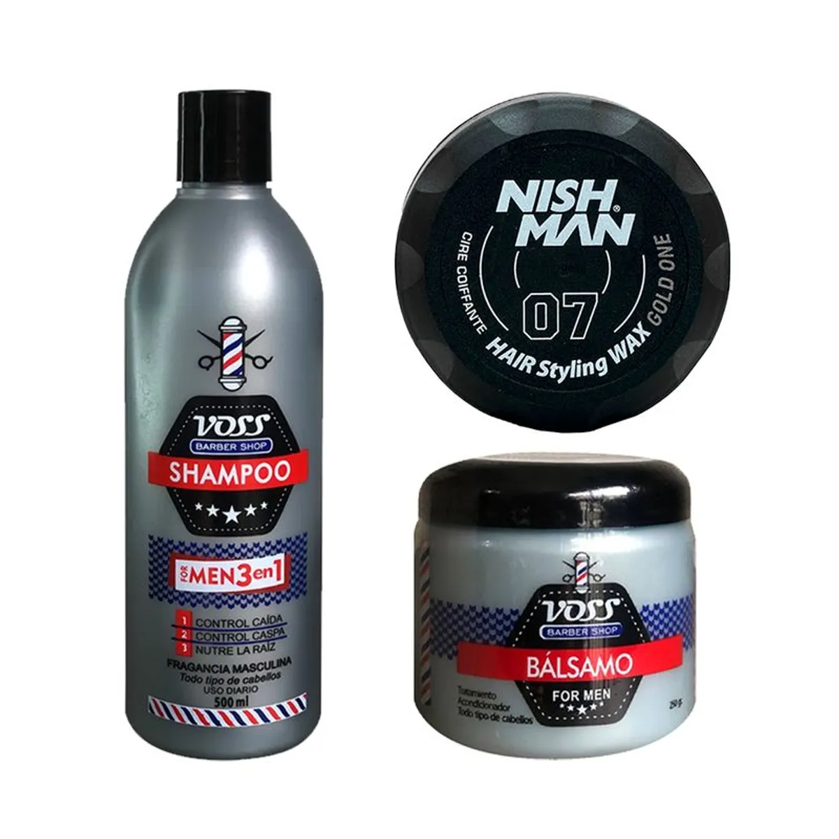 VOSS - Shampoo Voss + Acondicionador bálsamo Voss + Cera Nishman 07