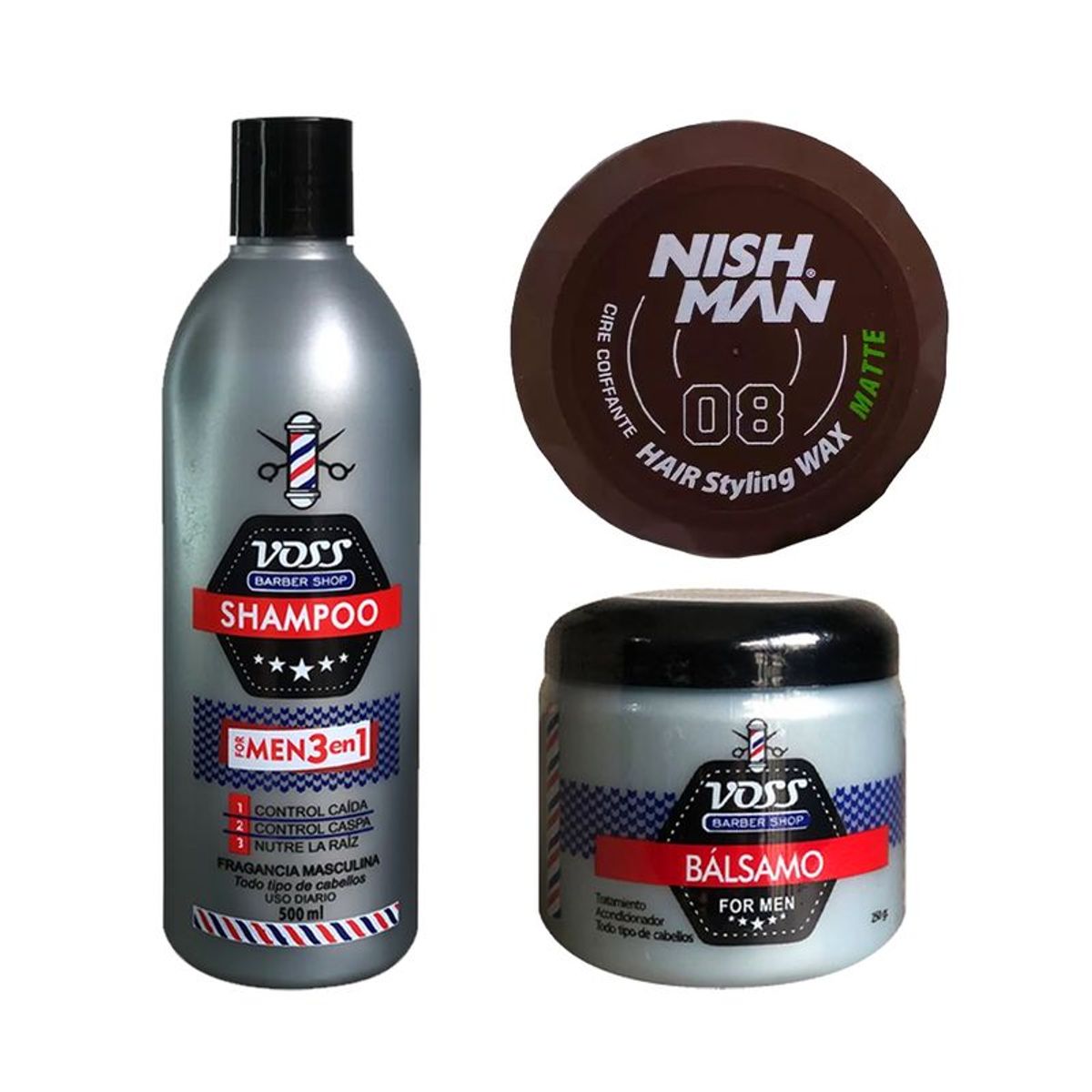 VOSS - Shampoo Voss + Acondicionador bálsamo Voss + Cera Nishman 08