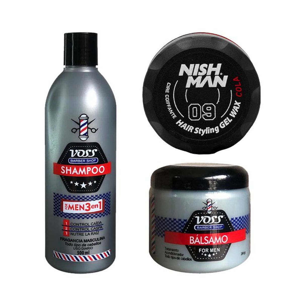 VOSS - Shampoo Voss + Acondicionador bálsamo Voss + Cera Nishman 09