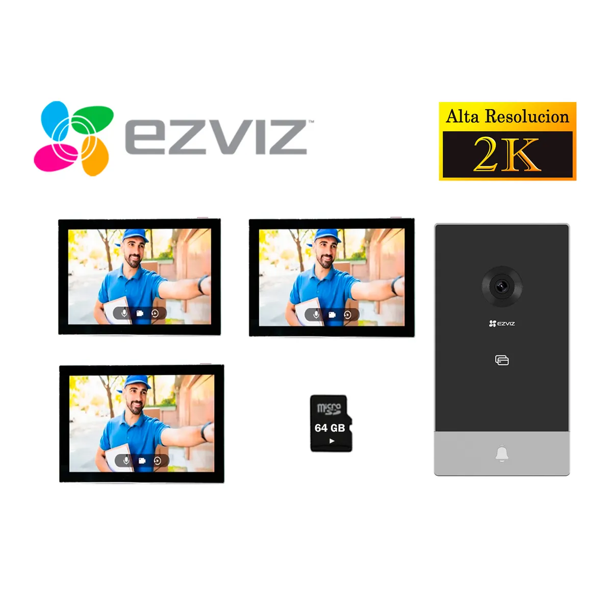 EZVIZ - Kit Videoportero Inteligente HP7 2K Exterior Eviz + 2 MONITORES 64GB