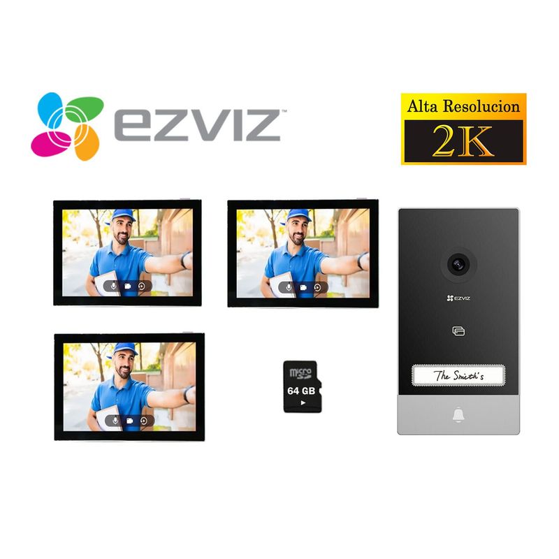EZVIZ - Kit Videoportero Inteligente HP7 2K Exterior Eviz + 2 MONITORES 64GB