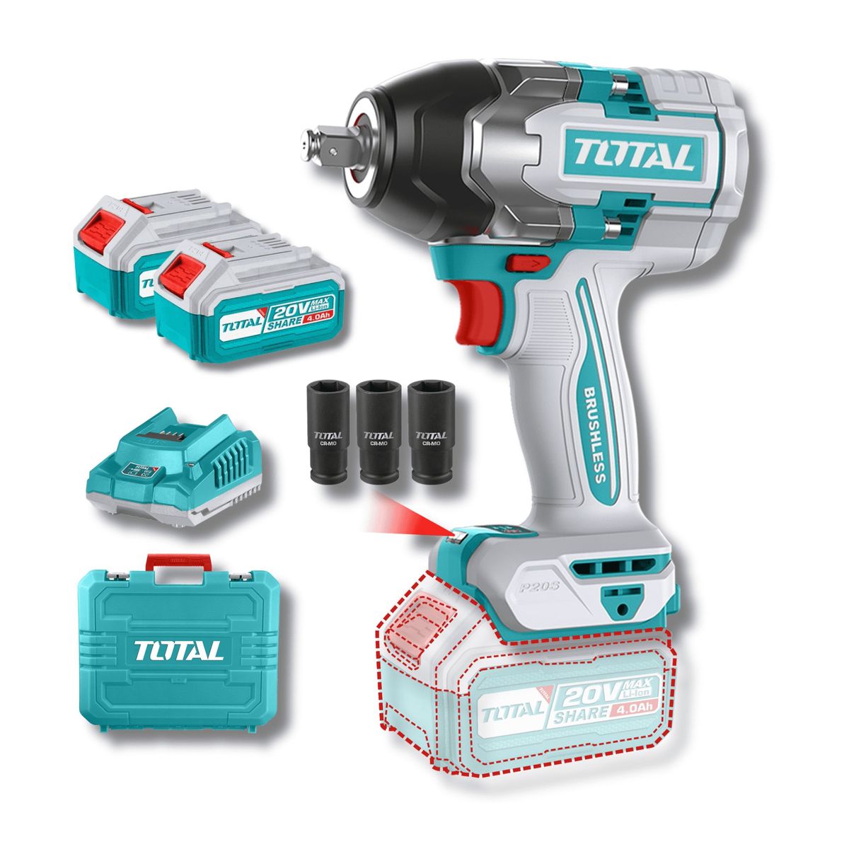 TOTAL TOOLS - Llave de impacto 850 Nm incluye 2 baterias 4ah Total