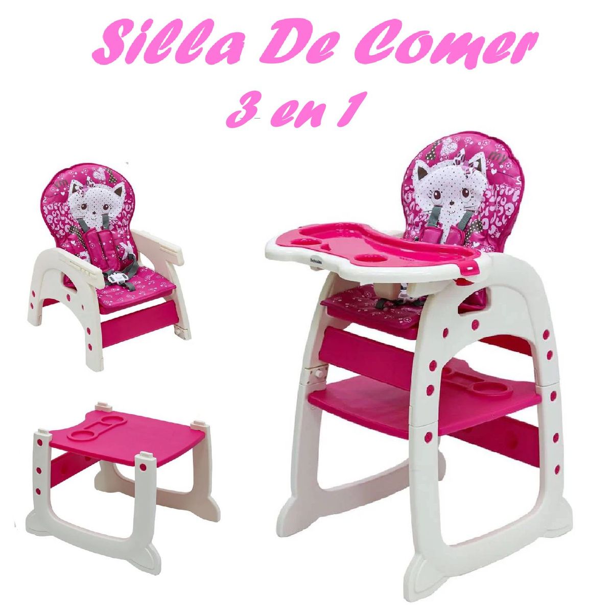 GENERICO - Silla de Comer Reclinable 3 en 1 Doble Bandeja -Rosa