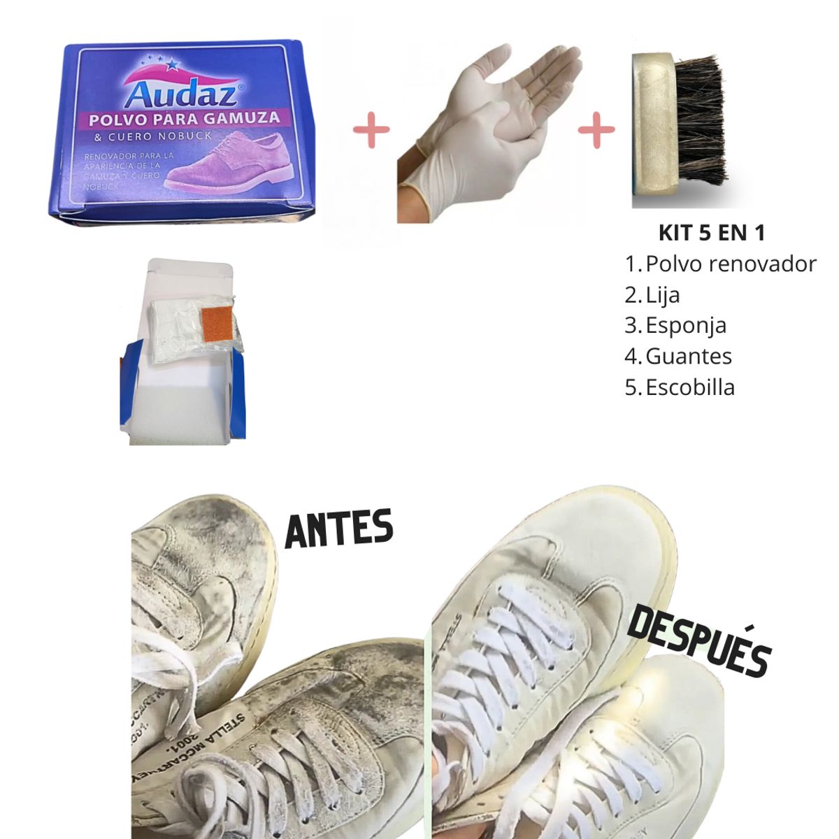 GENERICO - Tinte renovar gamuza nobuck en polvo negro blanco kit 5 en 1