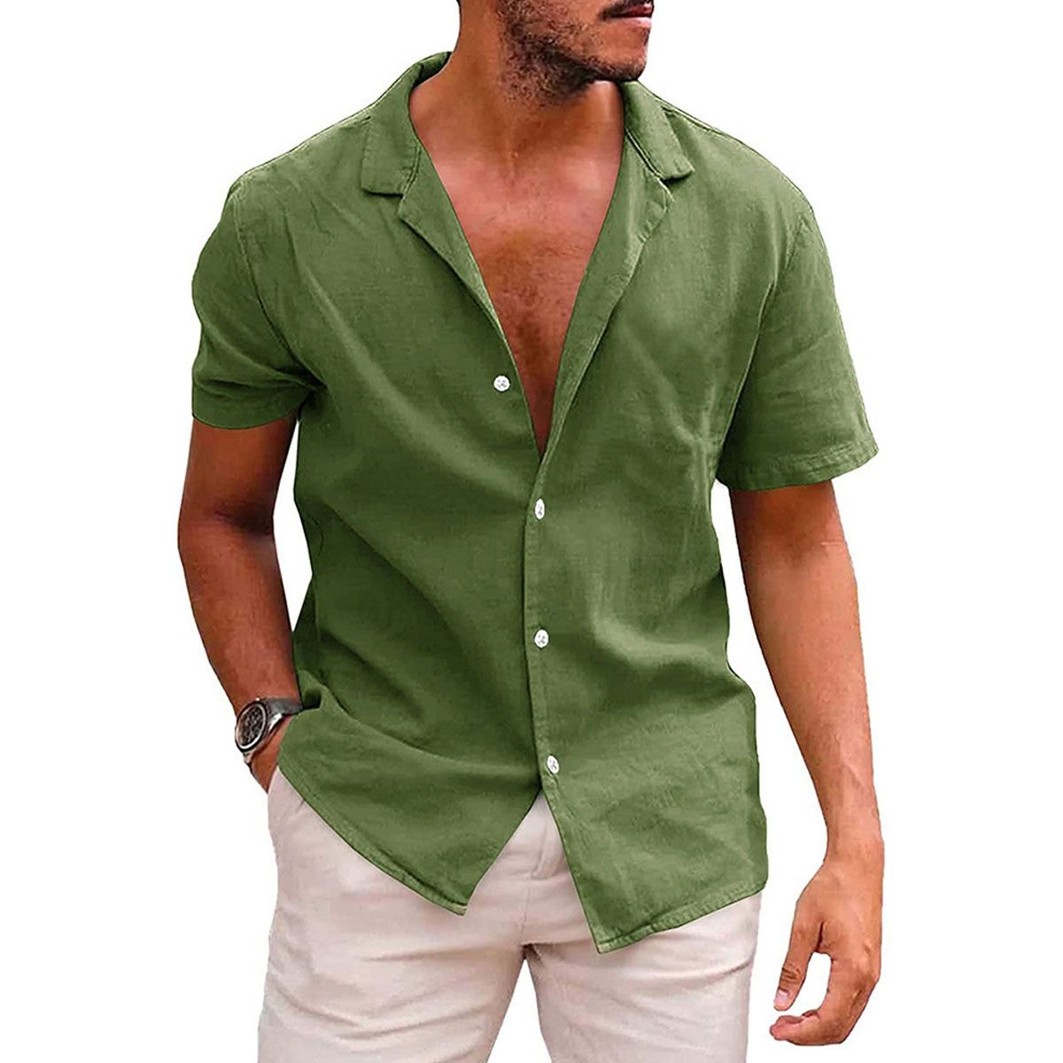 42AROZINA - Camisa holgada de algodón y lino con botones de color liso para hombre