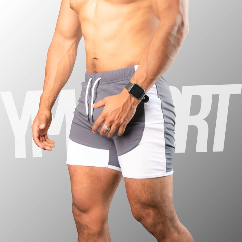 YML SPORT - Short Fitness Hombre - Short GYM Plomo con Blanco - YML SPORT