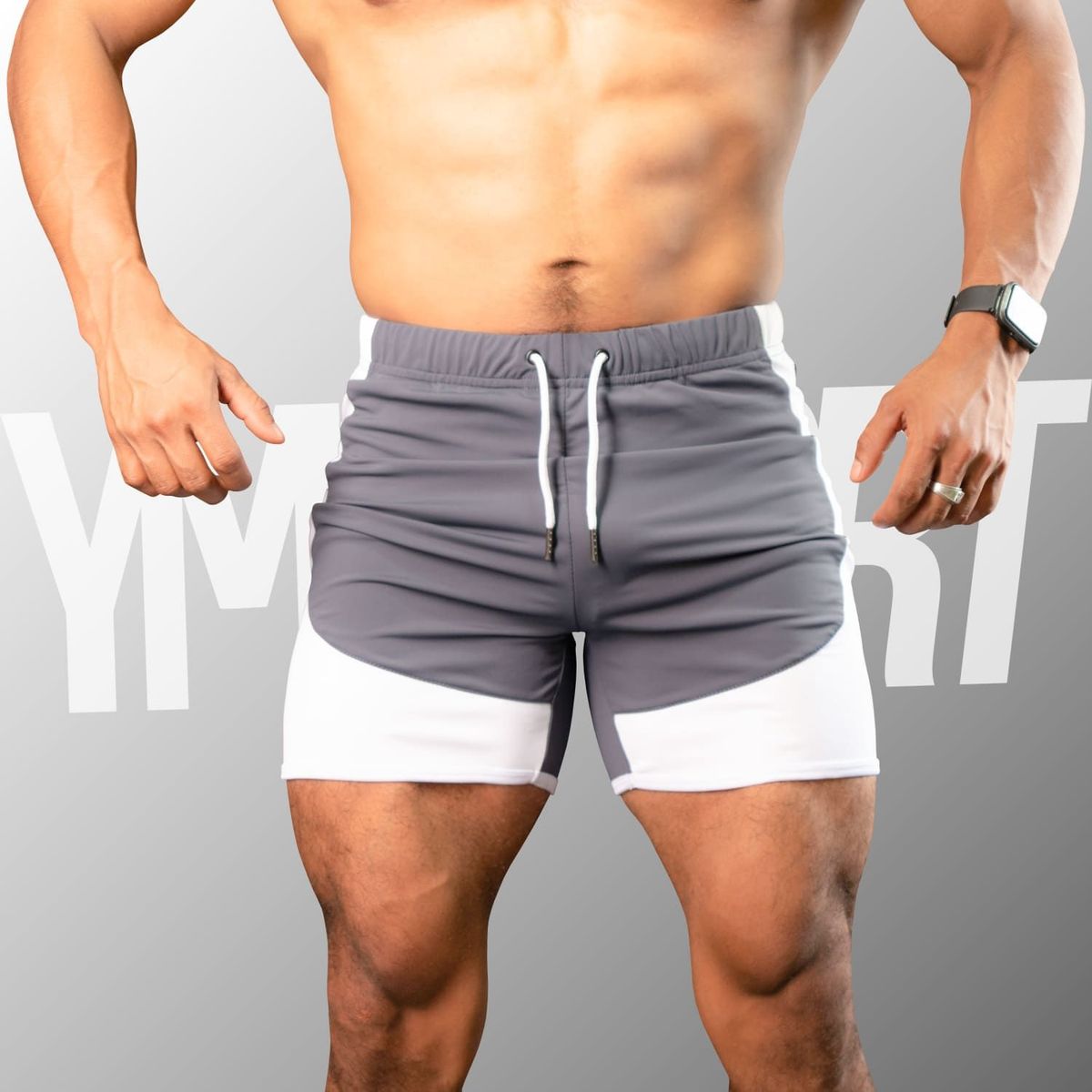 YML SPORT - Short Fitness Hombre - Short GYM Plomo con Blanco - YML SPORT