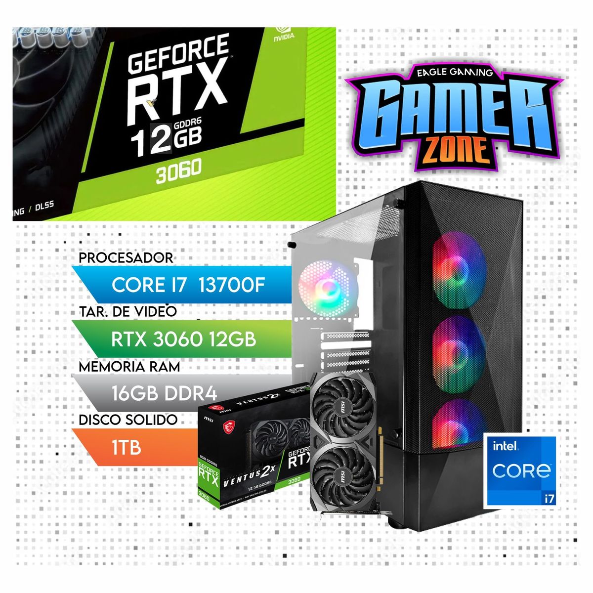 INTEL - Computadora PC Gamer Core i7 13700F + RAM 16GB + SSD 1TB + VIDEO RTX 3060 12GB