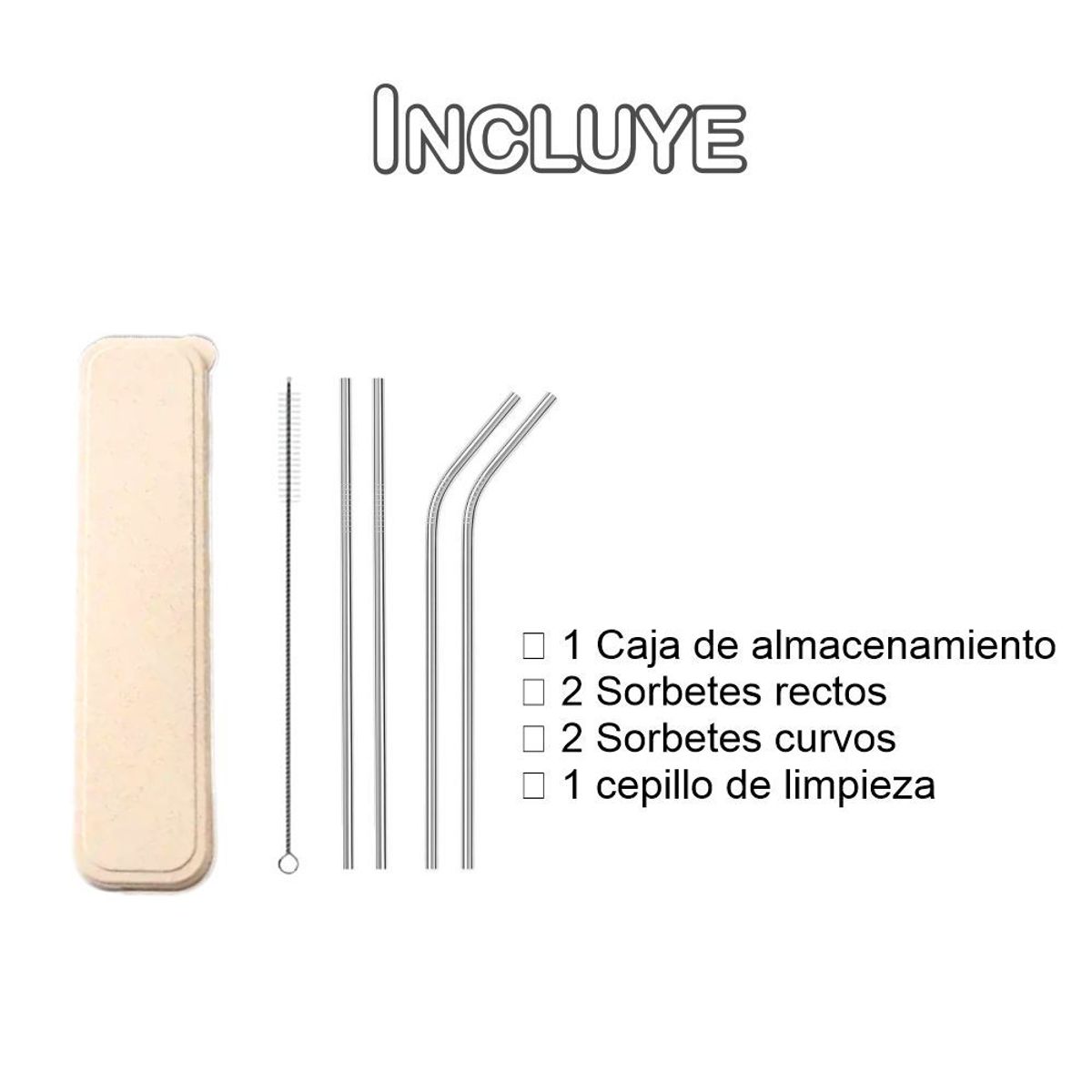 GENERICO - Set de 4 Sorbetes de Acero Inoxidable + Limpiador y Estuche
