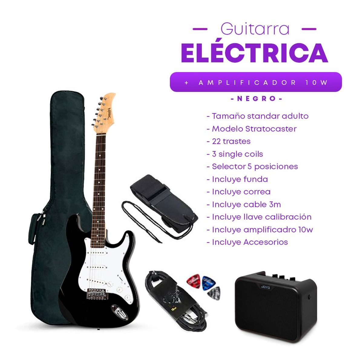 VOZZEX - PACK ELECTRICO STRATO BLACK - AMPLIFICADOR JOYO 10W