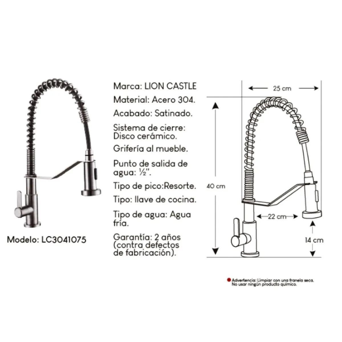 GENERICO - Llave Ganso  con Resorte para Cocina Satinado Acero Inoxidable