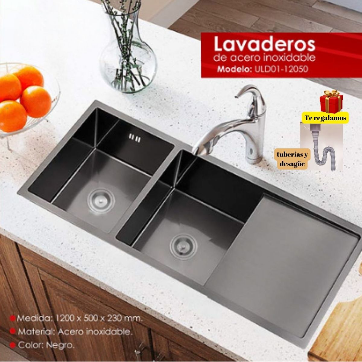 IMPORTADO MC - Lavadero de cocina de Lujo 2 pozas con escurridero Negro Gun Acero 304