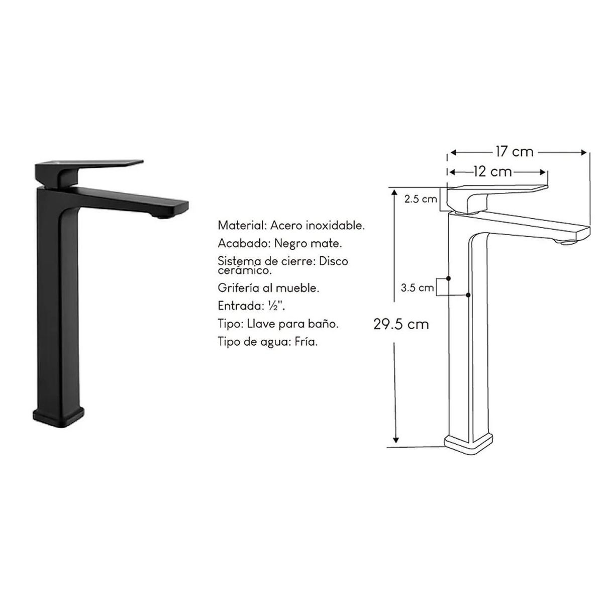 GENERICO - Llave de agua fría para baño Acero Inoxidable Negro