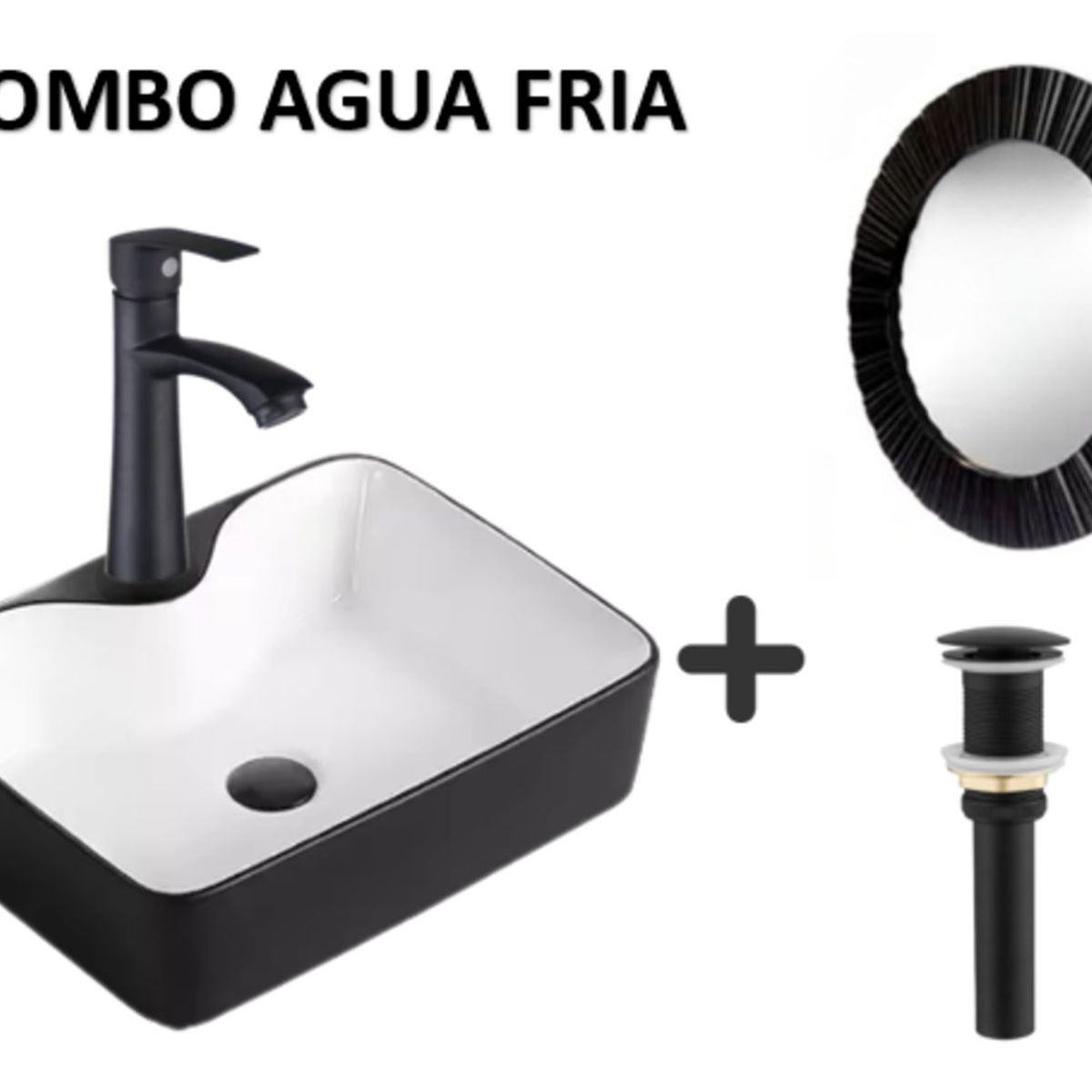 IMPORTADO MC - COMBO DE LAVATORIO NEGRO MATE CON BLANCO +GRIFERIA  DESAGUE ESPEJO