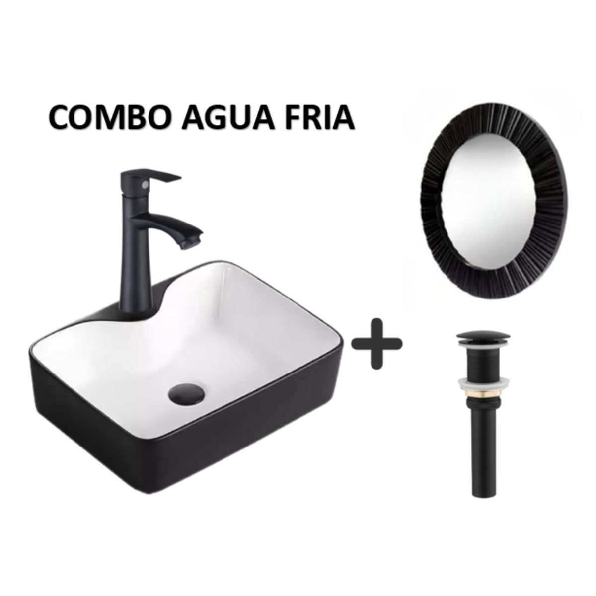 IMPORTADO MC - COMBO DE LAVATORIO NEGRO MATE CON BLANCO +GRIFERIA  DESAGUE ESPEJO