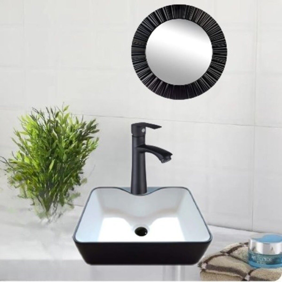 IMPORTADO MC - COMBO DE LAVATORIO NEGRO MATE CON BLANCO +GRIFERIA  DESAGUE ESPEJO