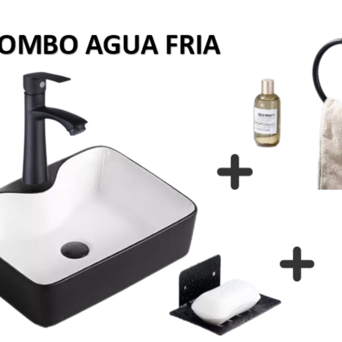 IMPORTADO MC - COMBO DE LAVATORIO NEGRO MATE CON BLANCO +GRIFERIA  DESAGUE  TOALLERO