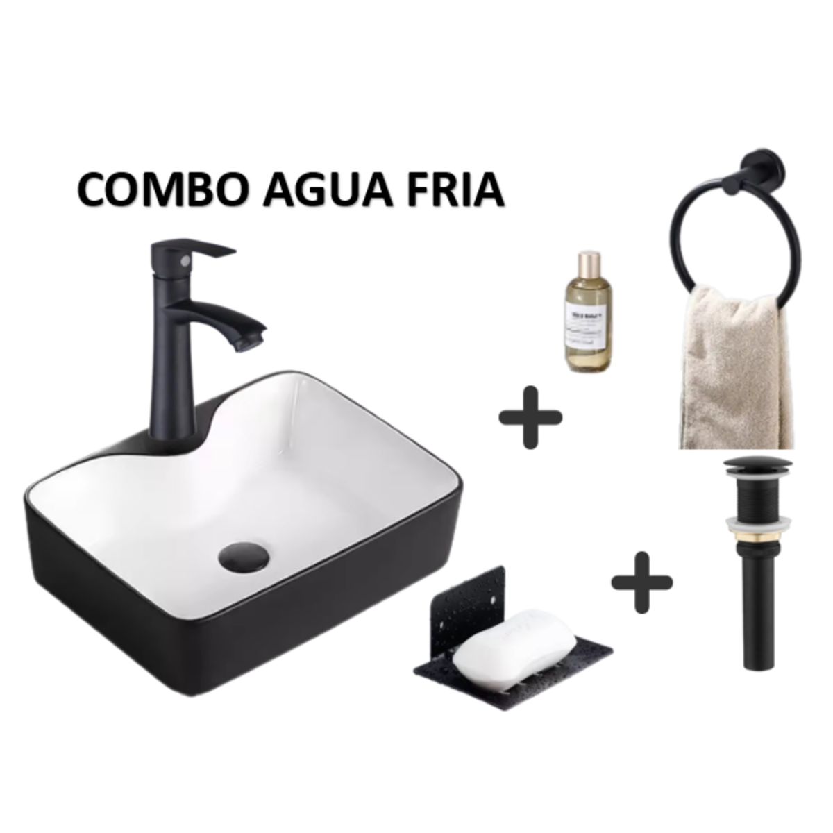 IMPORTADO MC - COMBO DE LAVATORIO NEGRO MATE CON BLANCO +GRIFERIA  DESAGUE  TOALLERO