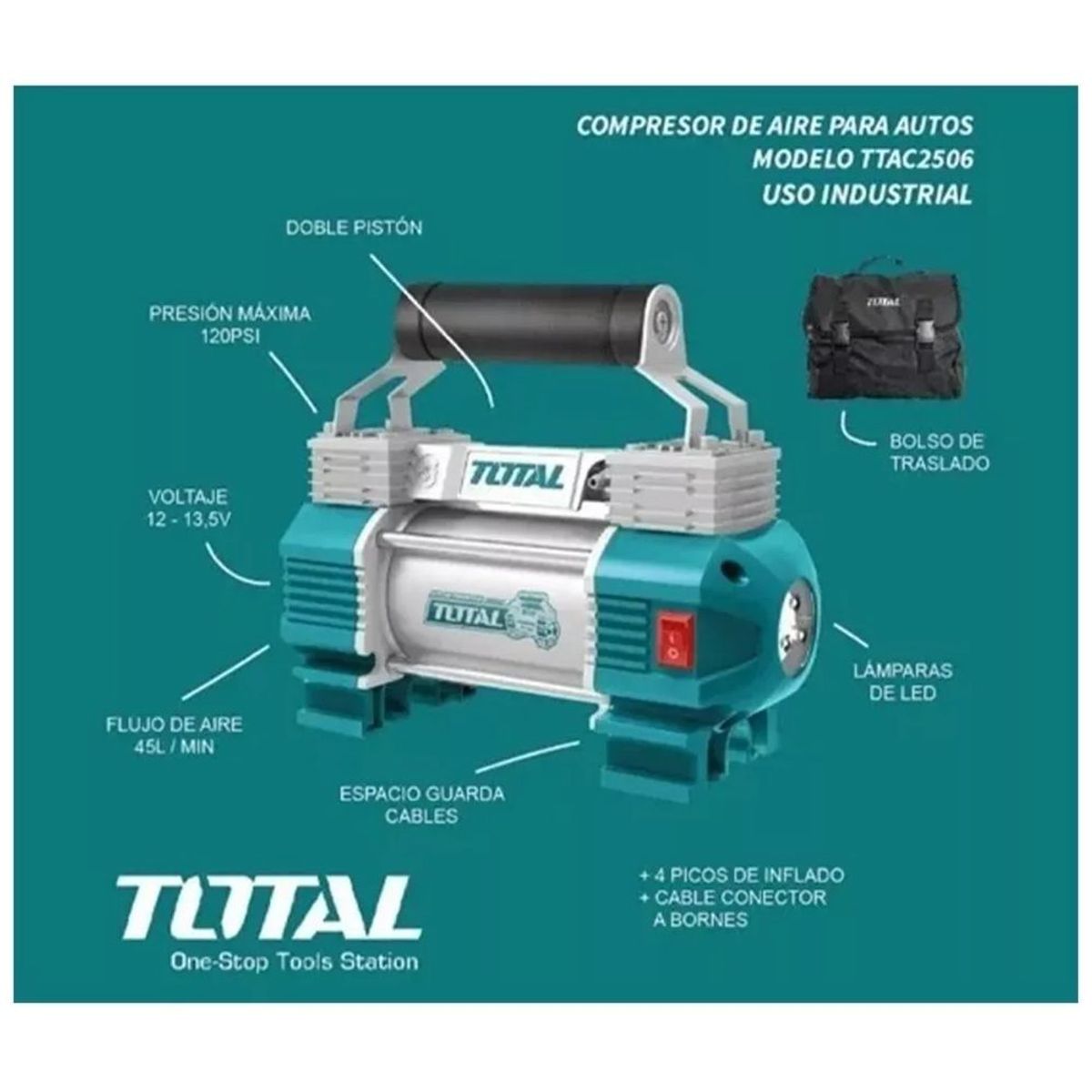 TOTAL TOOLS - compresor de aire para auto a Batería TOTAL 12-13.5V 120 PSI
