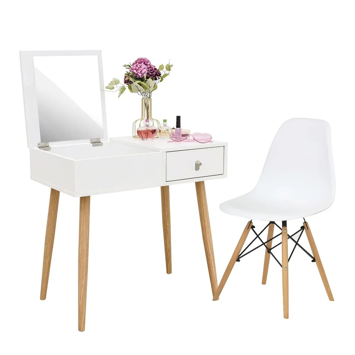 GENERICO - Escritorio Tocador Plegable Blanco 80cm + Silla Melamina