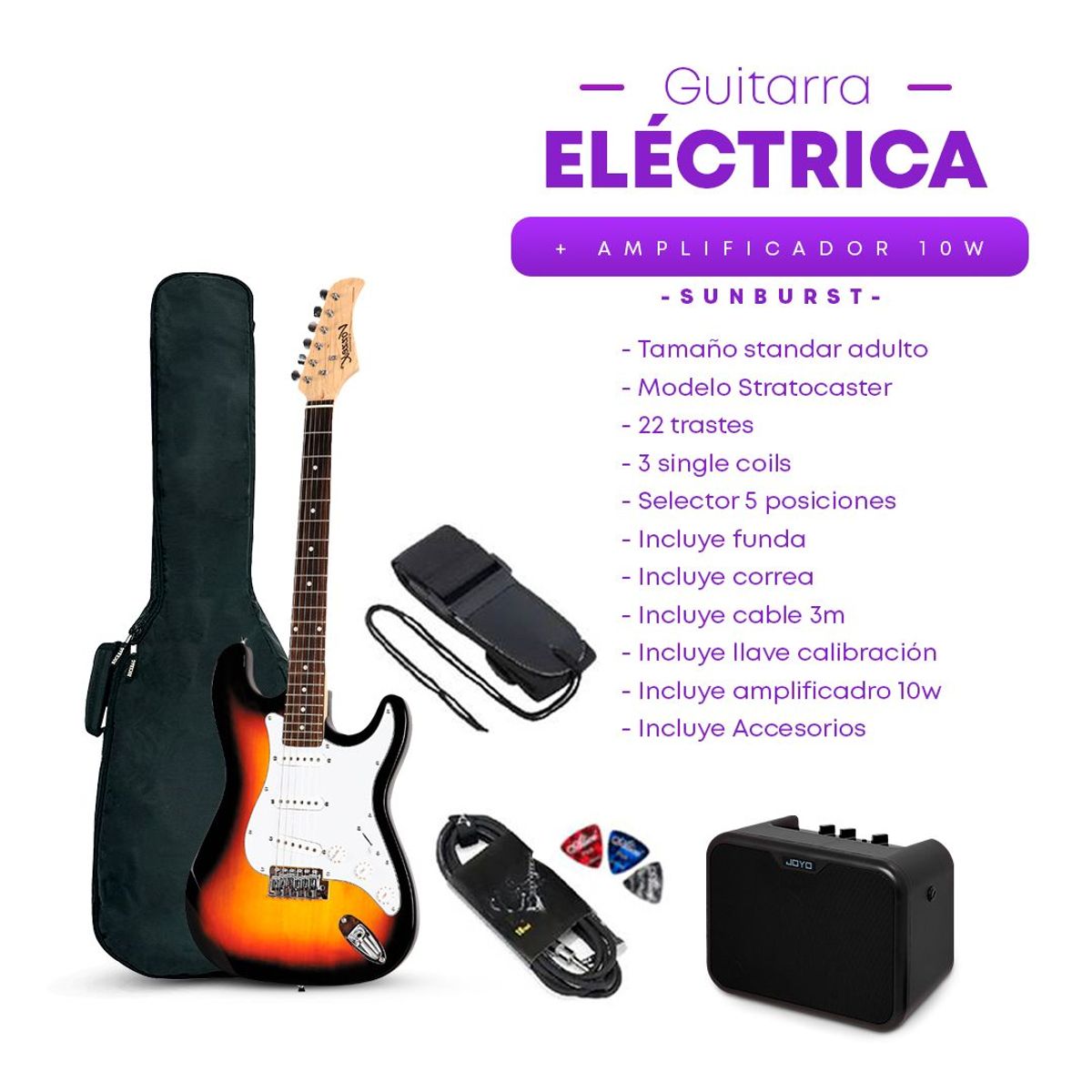 VOZZEX - PACK ELECTRICO STRATO SUNBURST - AMPLIFICADOR JOYO 10W