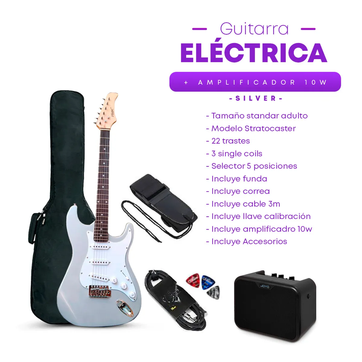 VOZZEX - PACK ELECTRICO STRATO SILVER - AMPLIFICADOR JOYO 10W