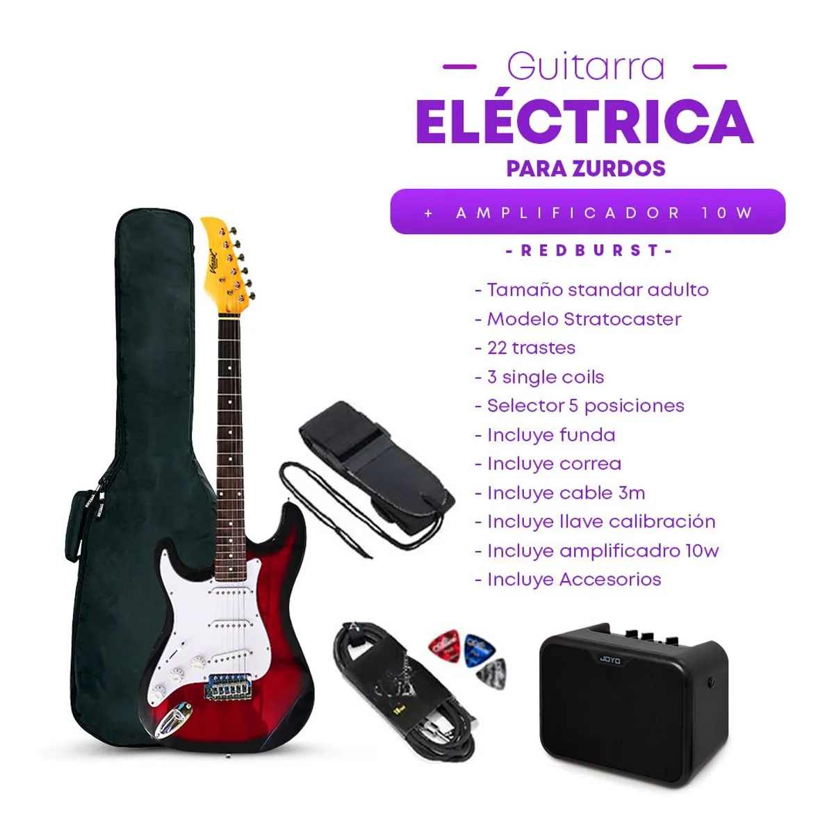 VOZZEX - PACK ELECTRICO STRATO ZURDO REDBURST - AMPLIFICADOR JOYO 10W