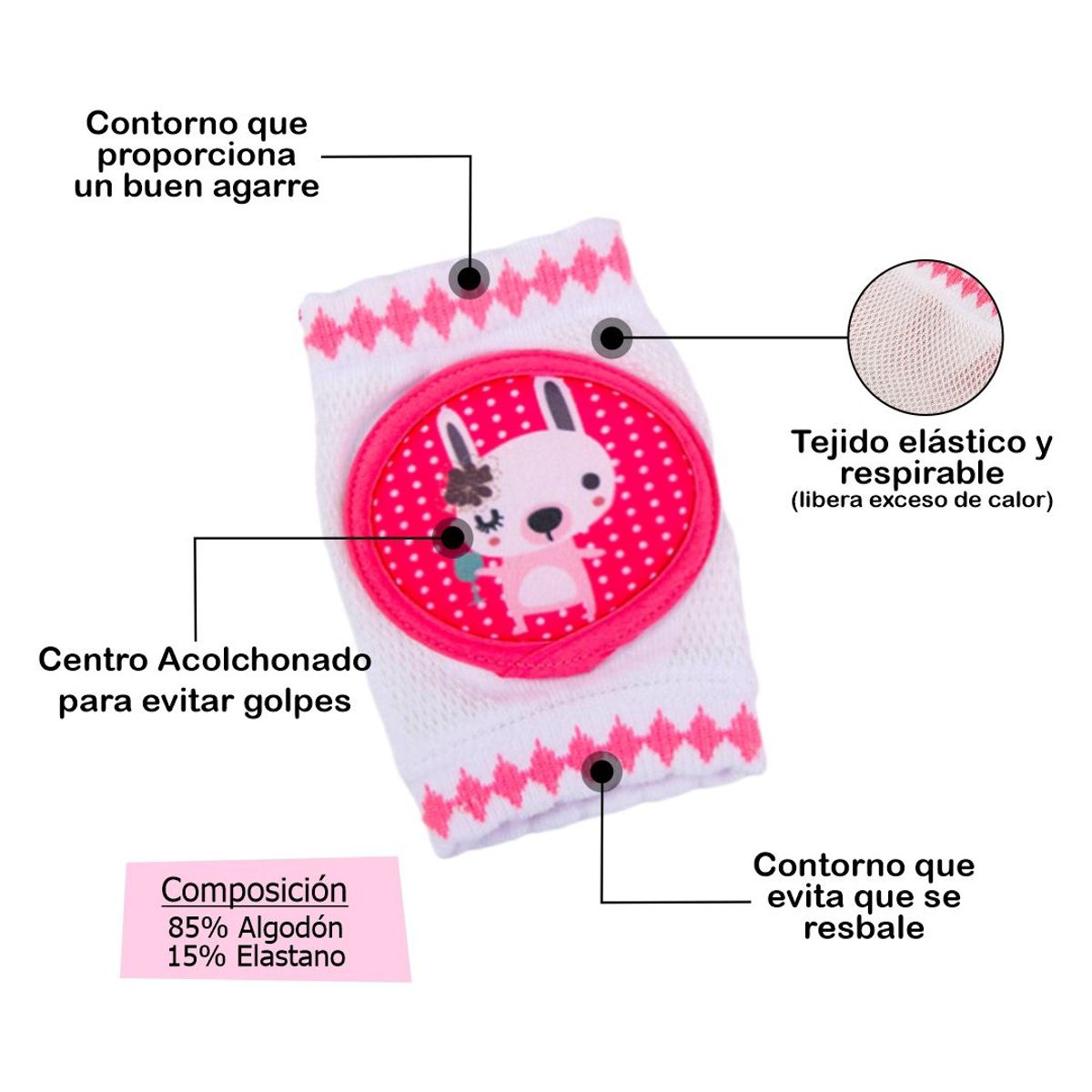BABY - Rodilleras Acolchadas Antigolpes para Bebés -Conejita Blanca