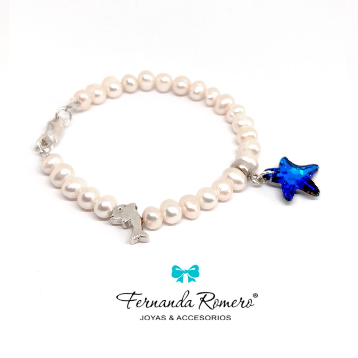 FERNANDA ROMERO JOYAS Y ACCESORIOS - PULSERA PERLAS DE RIO ESTRELLA DE MAR  AZUL TITANIC Y DELFIN DE PLATA