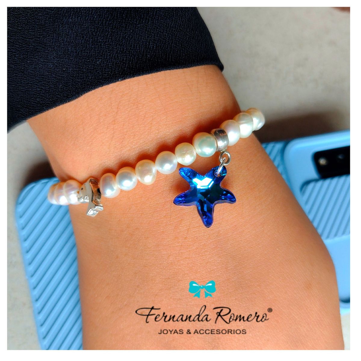 FERNANDA ROMERO JOYAS Y ACCESORIOS - PULSERA PERLAS DE RIO ESTRELLA DE MAR  AZUL TITANIC Y DELFIN DE PLATA