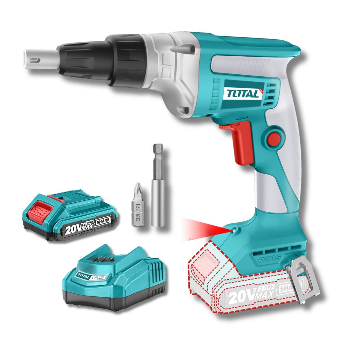 TOTAL TOOLS - Atornillador de drywall 20v + bateria 2ah y cargador Total