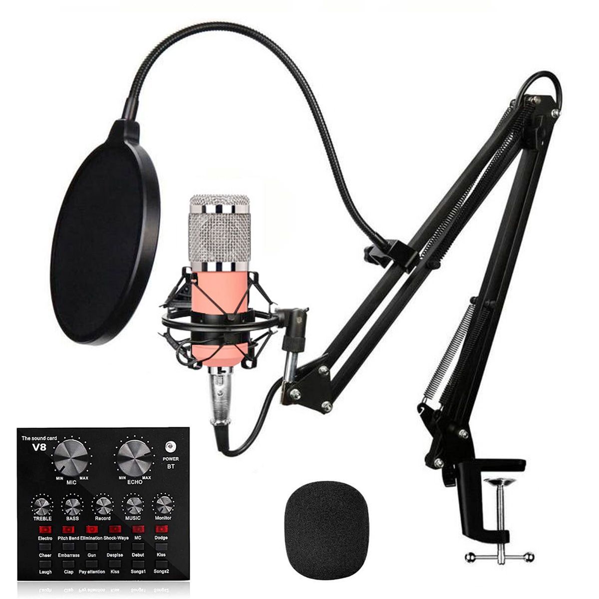 OEM - Kit Micrófono de estudio BM 800 Rosado más interfaz de audio V8