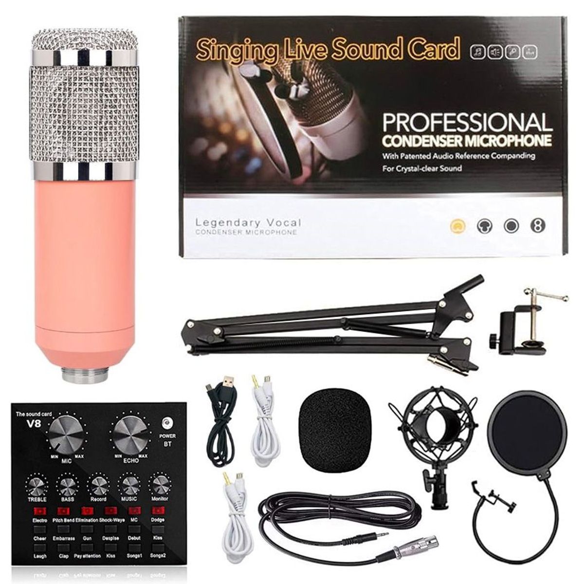 OEM - Kit Micrófono de estudio BM 800 Rosado más interfaz de audio V8