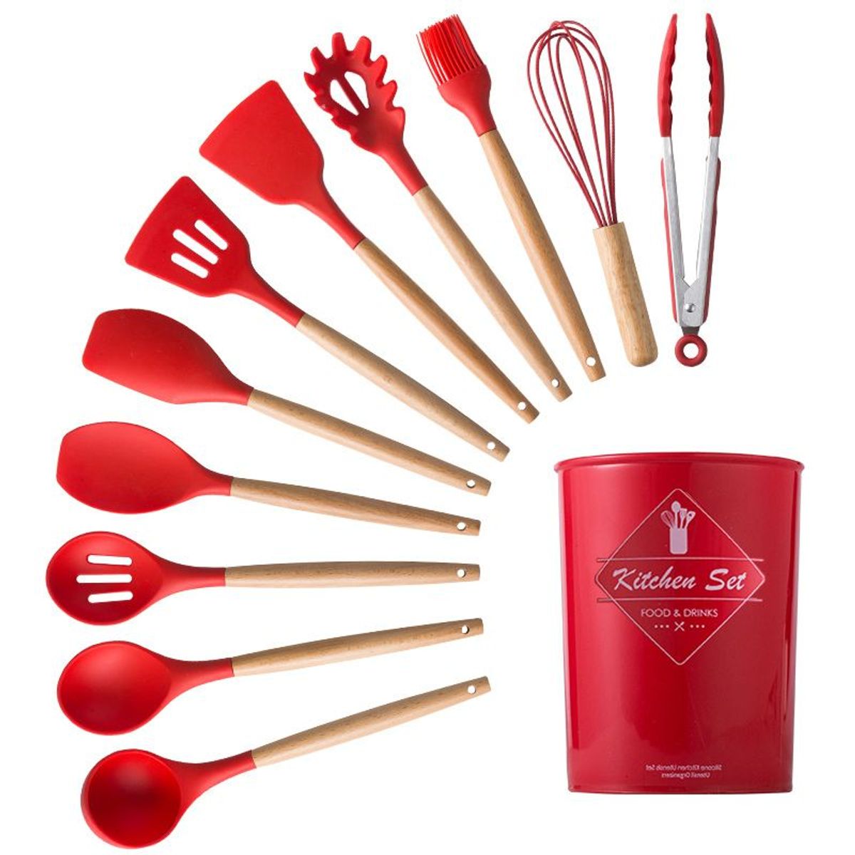 GENERICO - Set de Cucharones Utensilios de Silicona y Madera para Cocina ROJO