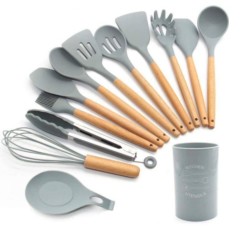 GENERICO - Set de Cucharones Utensilios de Silicona y Madera para Cocina PLOMO