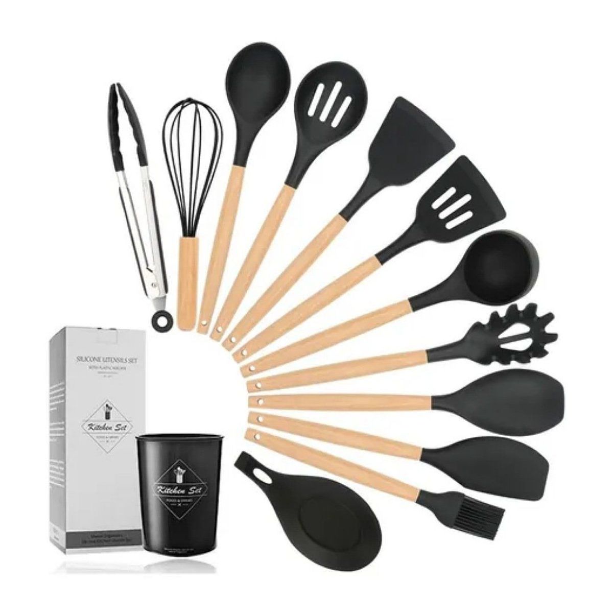 GENERICO - Set de Cucharones Utensilios de Silicona y Madera para Cocina VERDE