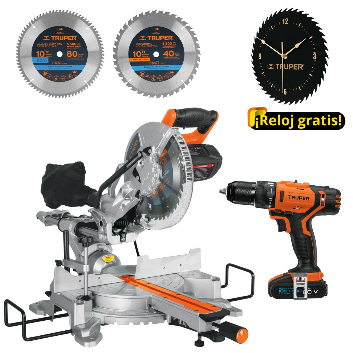 TRUPER - Combo Sierra ingleteadora telescópica 1800W 2 discos, taladro percutor