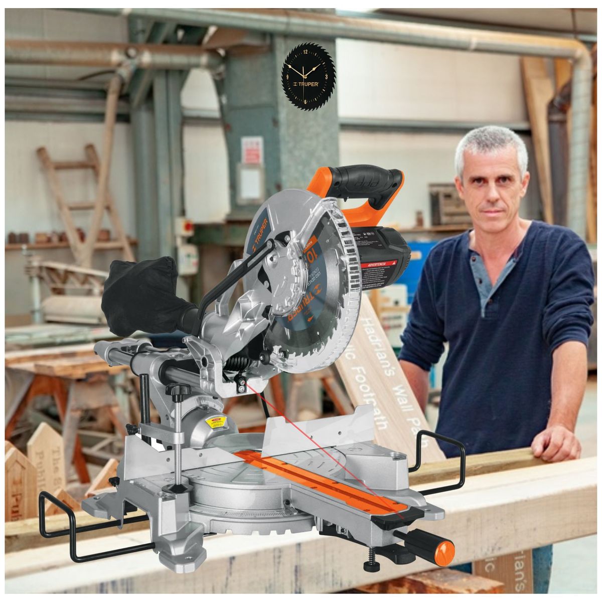 TRUPER - Combo Sierra ingleteadora telescópica 1800W 2 discos, taladro percutor