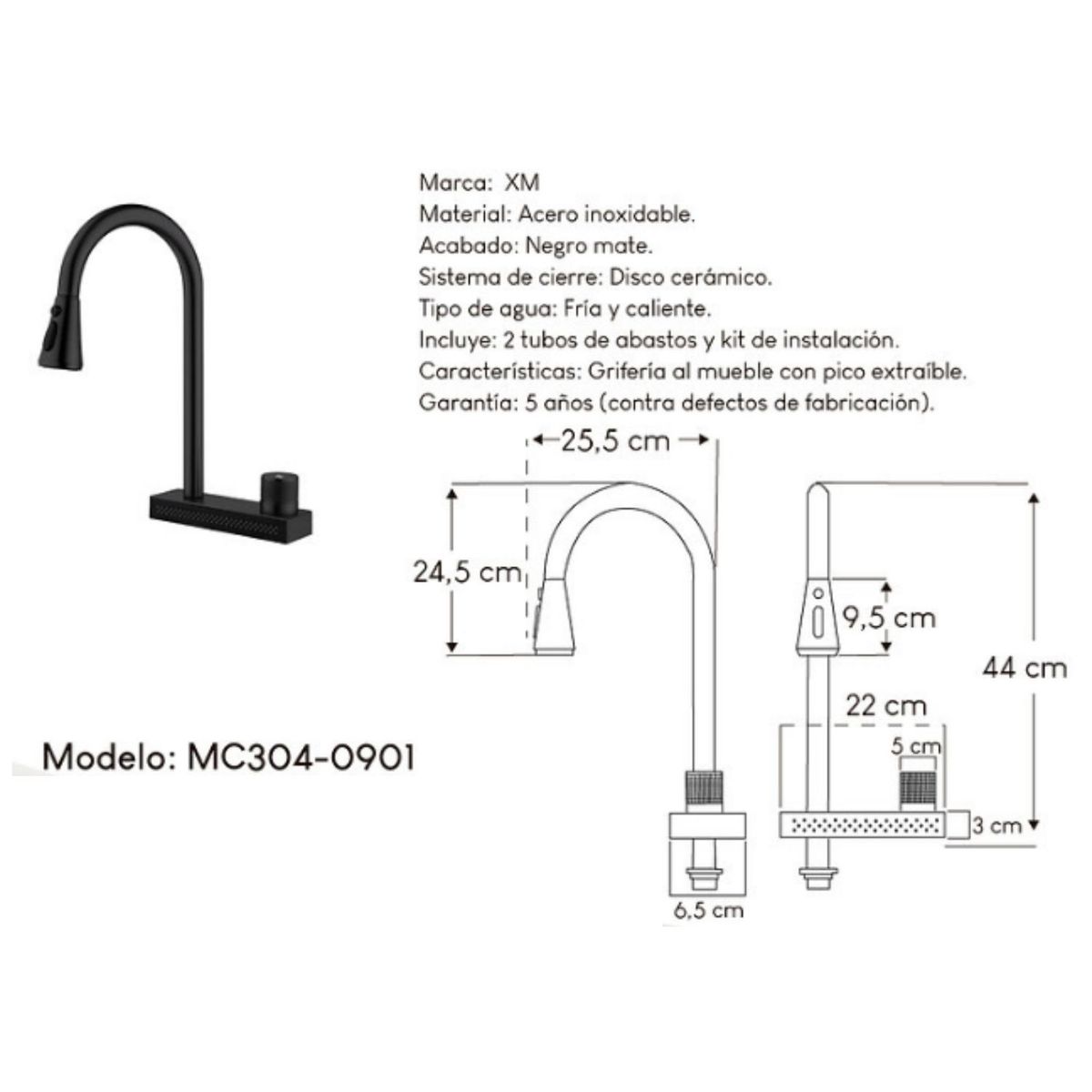 GENERICO - Mezcladora para Cocina  Acero Inoxidable Negro mate