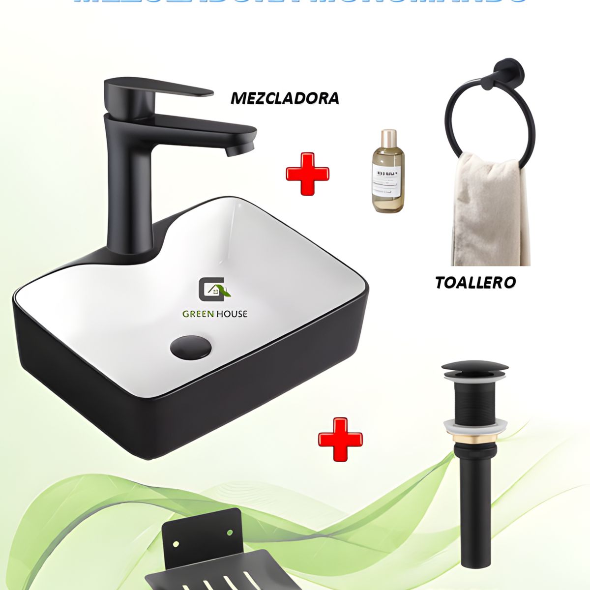 GREEN HOUSE - COMBO DE LAVATORIO HOLANDA NEGRO MATE CON BLANCO +MEZCLADORA  MONOMANDO