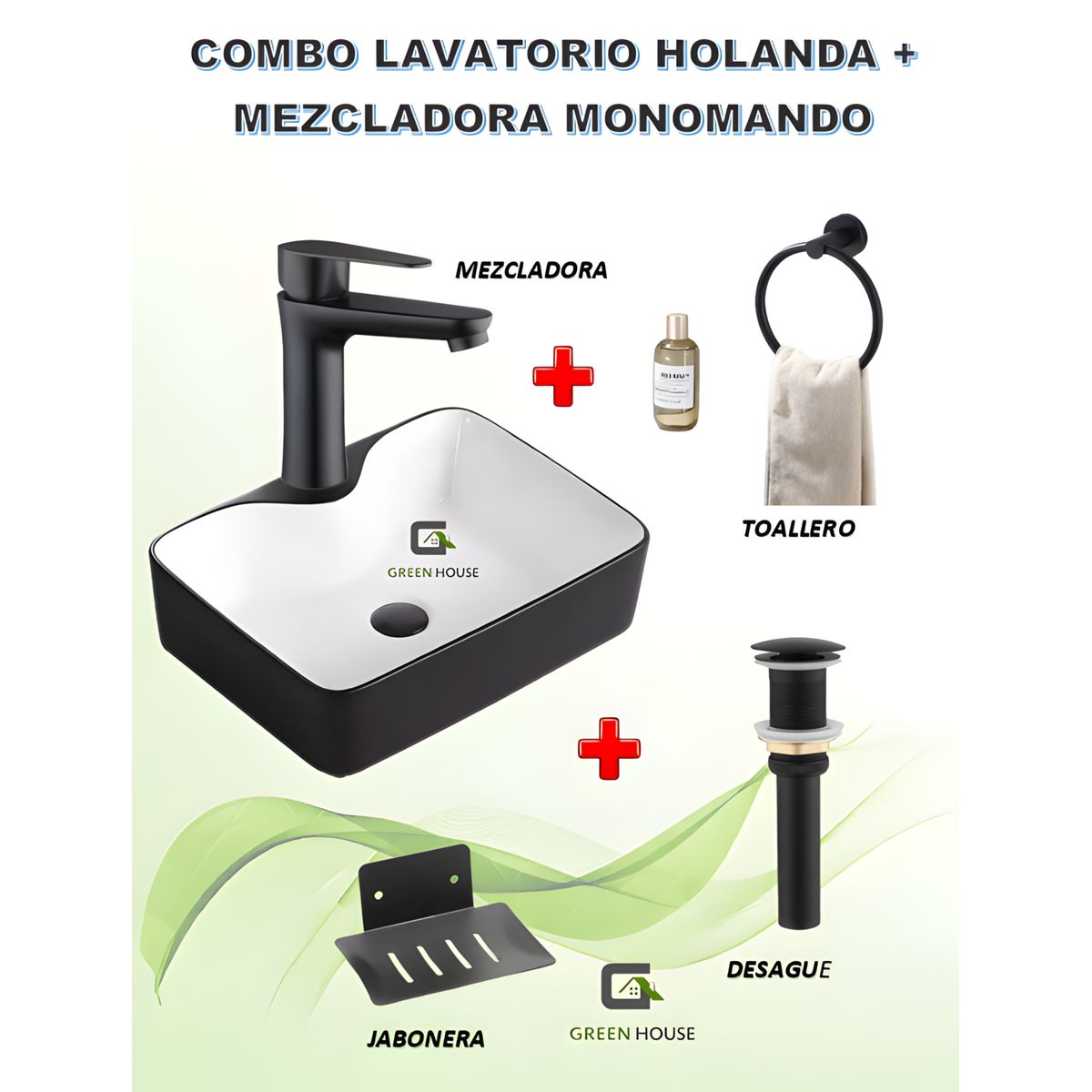GREEN HOUSE - COMBO DE LAVATORIO HOLANDA NEGRO MATE CON BLANCO +MEZCLADORA  MONOMANDO